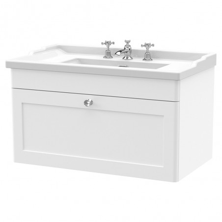 Classique 800mm Wall Hung 1 Drawer Unit & 3 Tap Hole Fireclay Basin - Satin White