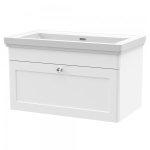 Classique 800mm Wall Hung 1 Drawer Unit & 0 Tap Hole Fireclay Basin - Satin White