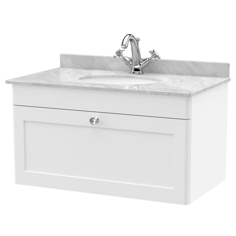 Classique 800mm Wall Hung 1 Drawer Unit & 1 Tap Hole Marble Top with Oval Basin - Satin White/Bellato Grey