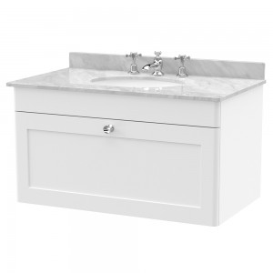 Classique 800mm Wall Hung 1 Drawer Unit & 3 Tap Hole Marble Top with Oval Basin - Satin White/Bellato Grey