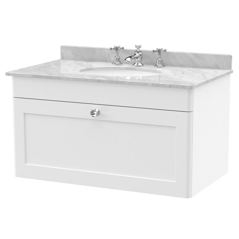 Classique 800mm Wall Hung 1 Drawer Unit & 3 Tap Hole Marble Top with Oval Basin - Satin White/Bellato Grey