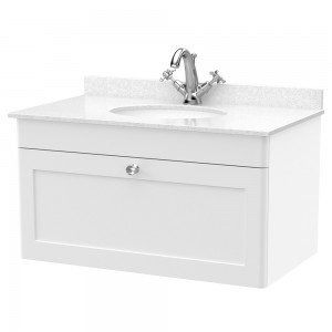 Classique 800mm Wall Hung 1 Drawer Unit & 1 Tap Hole Marble Top with Oval Basin - Satin White/White Sparkle