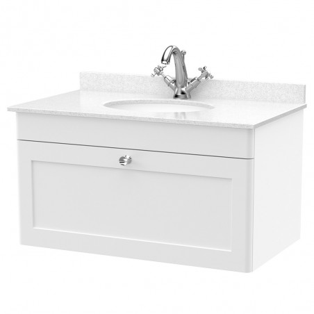 Classique 800mm Wall Hung 1 Drawer Unit & 1 Tap Hole Marble Top with Oval Basin - Satin White/White Sparkle