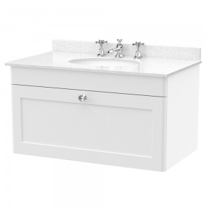 Classique 800mm Wall Hung 1 Drawer Unit & 3 Tap Hole Marble Top with Oval Basin - Satin White/White Sparkle