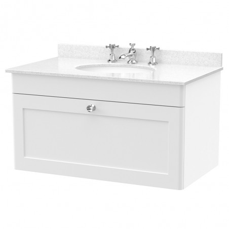 Classique 800mm Wall Hung 1 Drawer Unit & 3 Tap Hole Marble Top with Oval Basin - Satin White/White Sparkle