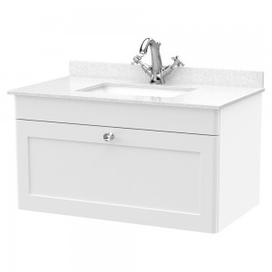 Classique 800mm Wall Hung 1 Drawer Unit & 1 Tap Hole Marble Top with Square Basin - Satin White/White Sparkle
