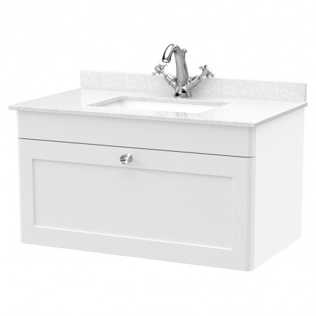 Classique 800mm Wall Hung 1 Drawer Unit & 1 Tap Hole Marble Top with Square Basin - Satin White/White Sparkle