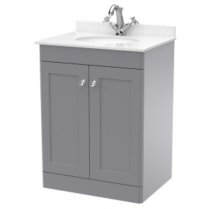 Classique 600mm Freestanding 2 Door Unit & 1 Tap Hole Marble Top with Oval Basin - Satin Grey/White Sparkle