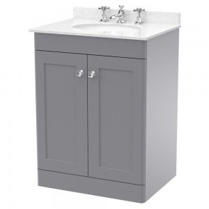 Classique 600mm Freestanding 2 Door Unit & 3 Tap Hole Marble Top with Oval Basin - Satin Grey/White Sparkle