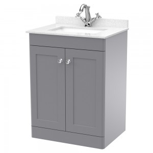 Classique 600mm Freestanding 2 Door Unit & 1 Tap Hole Marble Top with Square Basin - Satin Grey/White Sparkle