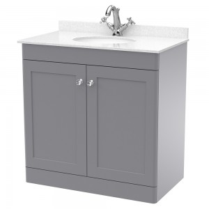 Classique 800mm Freestanding 2 Door Unit & 1 Tap Hole Marble Top with Oval Basin - Satin Grey/White Sparkle