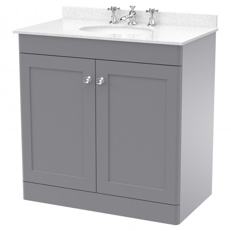 Classique 800mm Freestanding 2 Door Unit & 3 Tap Hole Marble Top with Oval Basin - Satin Grey/White Sparkle