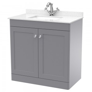 Classique 800mm Freestanding 2 Door Unit & 1 Tap Hole Marble Top with Square Basin - Satin Grey/White Sparkle