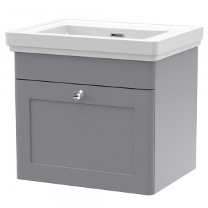 Classique 500mm Wall Hung 1 Drawer Unit & 0 Tap Hole Fireclay Basin - Satin Grey