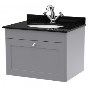 Classique 600mm Wall Hung 1 Drawer Unit & 1 Tap Hole Marble Top with Oval Basin - Satin Grey/Black Sparkle