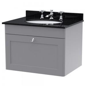 Classique 600mm Wall Hung 1 Drawer Unit & 3 Tap Hole Marble Top with Oval Basin - Satin Grey/Black Sparkle