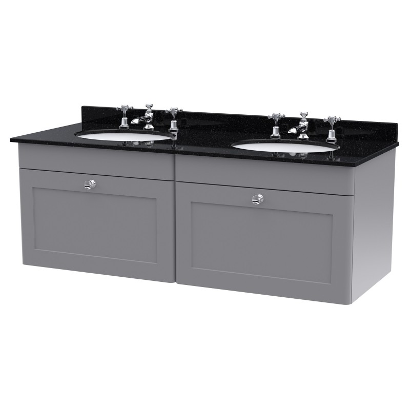 Classique 1200mm Wall Hung 2 Drawer Unit & 3 Tap Hole Marble Top with Oval Basin - Satin Grey/Black Sparkle