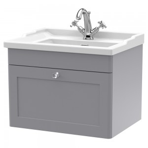 Classique 600mm Wall Hung 1 Drawer Unit & 1 Tap Hole Fireclay Basin - Satin Grey