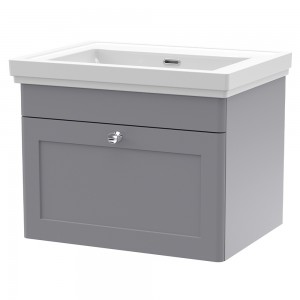 Classique 600mm Wall Hung 1 Drawer Unit & 0 Tap Hole Fireclay Basin - Satin Grey