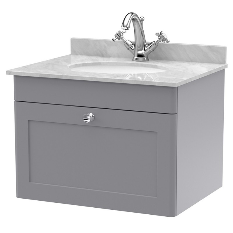 Classique 600mm Wall Hung 1 Drawer Unit & 1 Tap Hole Marble Top with Oval Basin - Satin Grey/Bellato Grey