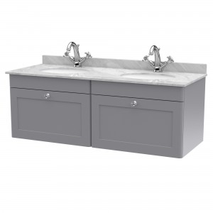 Classique 1200mm Wall Hung 2 Drawer Unit & 1 Tap Hole Marble Top with Oval Basin - Satin Grey/Bellato Grey