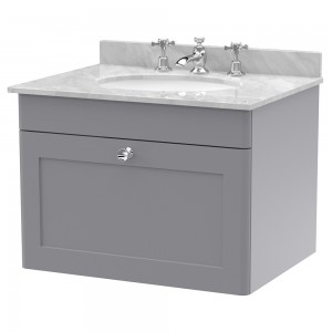 Classique 600mm Wall Hung 1 Drawer Unit & 3 Tap Hole Marble Top with Oval Basin - Satin Grey/Bellato Grey