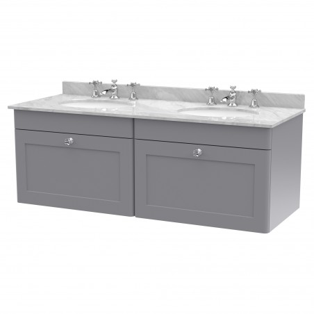 Classique 1200mm Wall Hung 2 Drawer Unit & 3 Tap Hole Marble Top with Oval Basin - Satin Grey/Bellato Grey