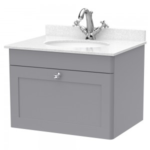 Classique 600mm Wall Hung 1 Drawer Unit & 1 Tap Hole Marble Top with Oval Basin - Satin Grey/White Sparkle