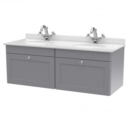 Classique 1200mm Wall Hung 2 Drawer Unit & 1 Tap Hole Marble Top with Oval Basin - Satin Grey/White Sparkle