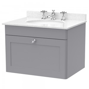 Classique 600mm Wall Hung 1 Drawer Unit & 3 Tap Hole Marble Top with Oval Basin - Satin Grey/White Sparkle
