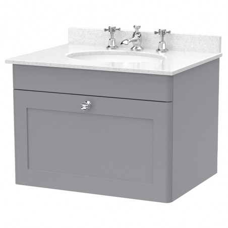 Classique 600mm Wall Hung 1 Drawer Unit & 3 Tap Hole Marble Top with Oval Basin - Satin Grey/White Sparkle