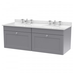 Classique 1200mm Wall Hung 2 Drawer Unit & 3 Tap Hole Marble Top with Oval Basin - Satin Grey/White Sparkle