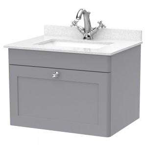 Classique 600mm Wall Hung 1 Drawer Unit & 1 Tap Hole Marble Top with Square Basin - Satin Grey/White Sparkle