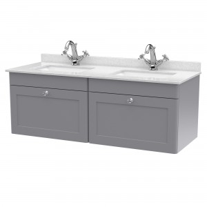 Classique 1200mm Wall Hung 2 Drawer Unit & 1 Tap Hole Marble Top with Square Basin - Satin Grey/White Sparkle