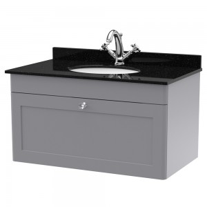 Classique 800mm Wall Hung 1 Drawer Unit & 1 Tap Hole Marble Top with Oval Basin - Satin Grey/Black Sparkle