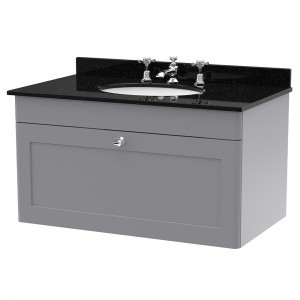 Classique 800mm Wall Hung 1 Drawer Unit & 3 Tap Hole Marble Top with Oval Basin - Satin Grey/Black Sparkle
