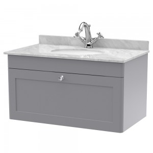 Classique 800mm Wall Hung 1 Drawer Unit & 1 Tap Hole Marble Top with Oval Basin - Satin Grey/Bellato Grey