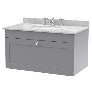 Classique 800mm Wall Hung 1 Drawer Unit & 3 Tap Hole Marble Top with Oval Basin - Satin Grey/Bellato Grey