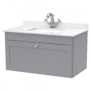 Classique 800mm Wall Hung 1 Drawer Unit & 1 Tap Hole Marble Top with Square Basin - Satin Grey/White Sparkle