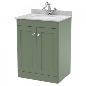 Classique 600mm Freestanding 2 Door Unit & 1 Tap Hole Marble Top with Oval Basin - Satin Green/Bellato Grey