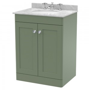 Classique 600mm Freestanding 2 Door Unit & 3 Tap Hole Marble Top with Oval Basin - Satin Green/Bellato Grey