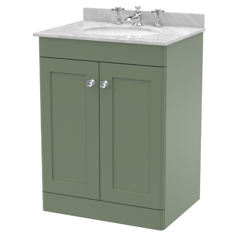 Classique 600mm Freestanding 2 Door Unit & 3 Tap Hole Marble Top with Oval Basin - Satin Green/Bellato Grey