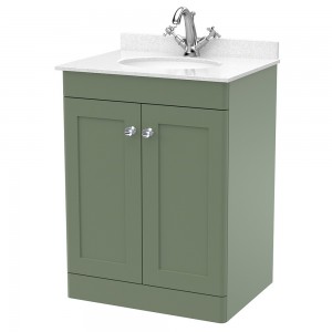 Classique 600mm Freestanding 2 Door Unit & 1 Tap Hole Marble Top with Oval Basin - Satin Green/White Sparkle