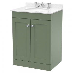 Classique 600mm Freestanding 2 Door Unit & 3 Tap Hole Marble Top with Oval Basin - Satin Green/White Sparkle