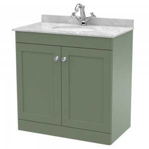 Classique 800mm Freestanding 2 Door Unit & 1 Tap Hole Marble Top with Oval Basin - Satin Green/Bellato Grey