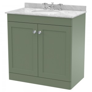 Classique 800mm Freestanding 2 Door Unit & 3 Tap Hole Marble Top with Oval Basin - Satin Green/Bellato Grey