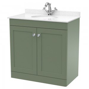 Classique 800mm Freestanding 2 Door Unit & 1 Tap Hole Marble Top with Oval Basin - Satin Green/White Sparkle