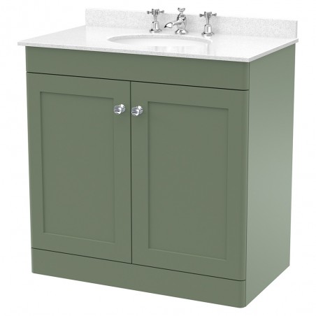 Classique 800mm Freestanding 2 Door Unit & 3 Tap Hole Marble Top with Oval Basin - Satin Green/White Sparkle