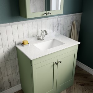 Classique 800mm Freestanding 2 Door Unit & 1 Tap Hole Marble Top with Square Basin - Satin Green/White Sparkle
