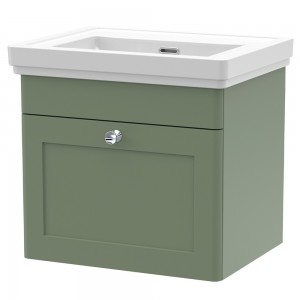 Classique 500mm Wall Hung 1 Drawer Unit & 0 Tap Hole Fireclay Basin - Satin Green